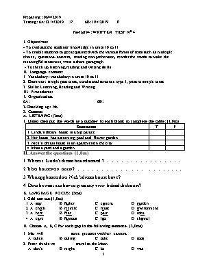 Giáo án Tiếng Anh Lớp 6 - Tiết 94 Đề kiểm tra 1 tiết số 4 - Năm học 2018-2019